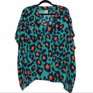 CAbi Green Orange Leopard Print Rita Top Sz XL